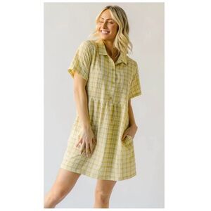 •THINGS BETWEEN• Piper & Scoot Maizie Plaid Button Detail Dress in Wheatgrass Sm